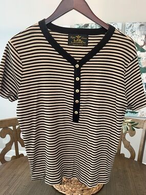 Ralph Lauren Black Label Striped Henley Tee with Gold Snap Buttons